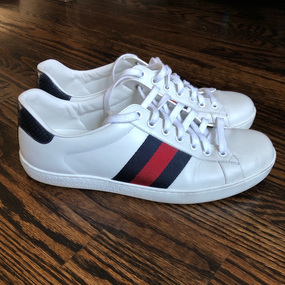 Gucci White Sneakers with Red and Blue Stripes